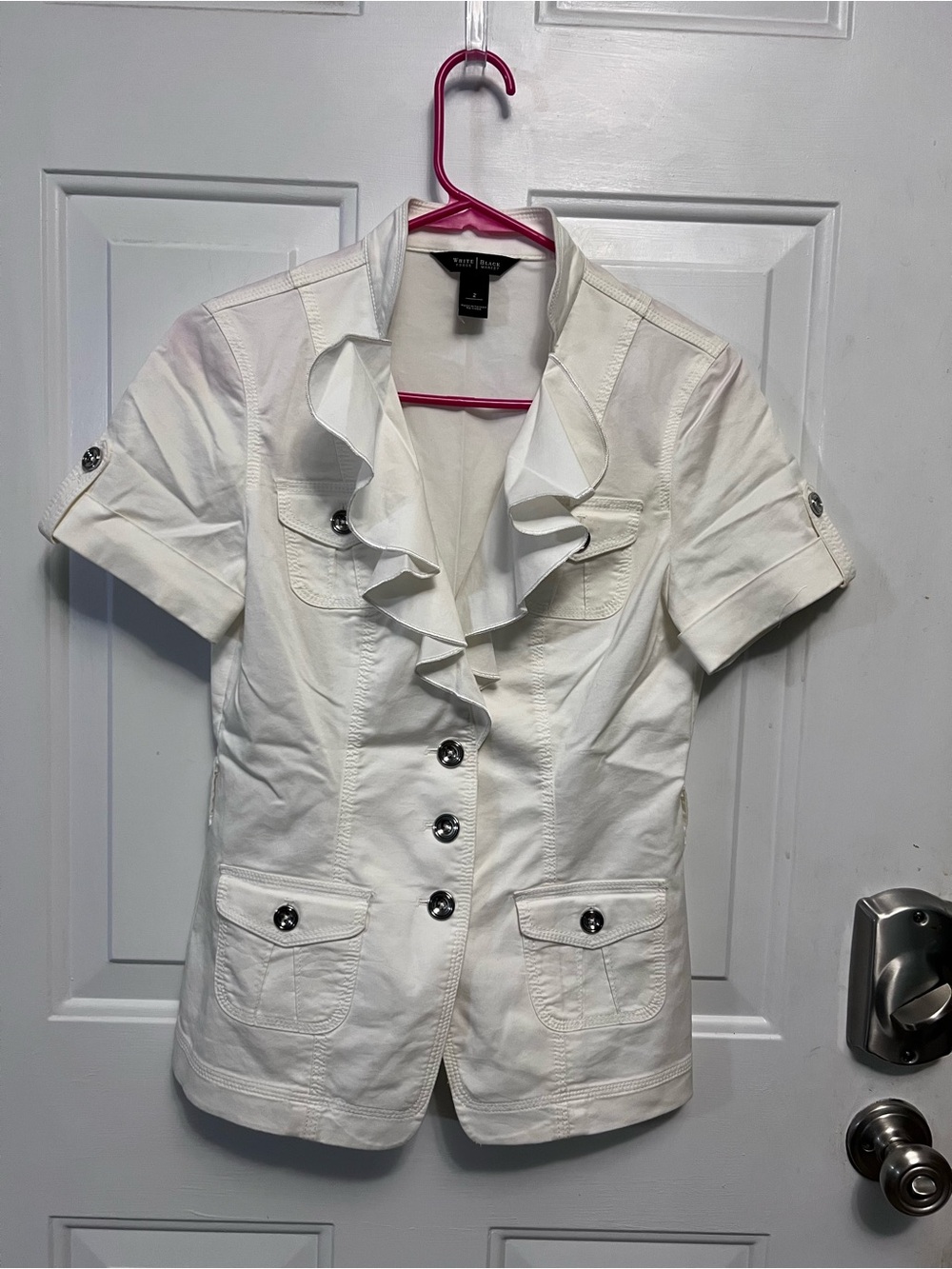 White House Black Market Women’s 2 White Ruffle Front Utility Blouse Shirt